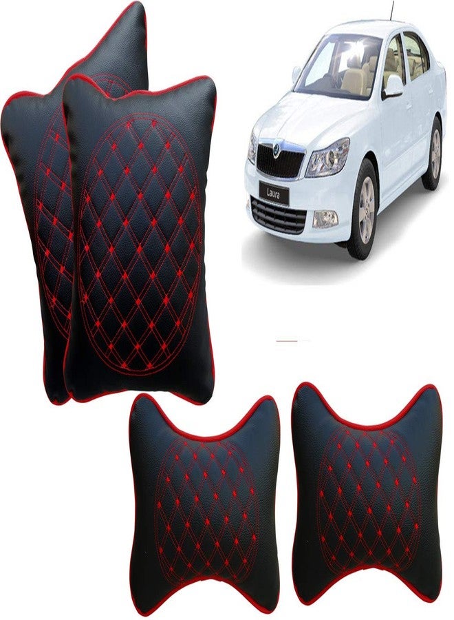 Selifaur Black and Red Double Quilted Car Cushion and Neck Rest Pillow Set of 4 for Laura - Image 1